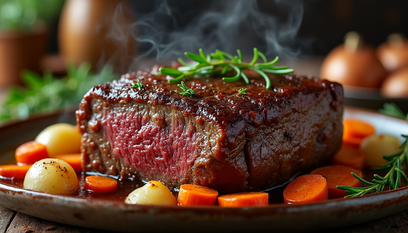 découvrez la recette du paleron de bœuf confit au four, cuit pendant 7 heures pour une viande tendre et fondante à souhait, idéale pour un repas savoureux et gourmand.
